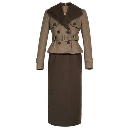 Women Elegant Brown Midi Dress Fake 2-Piece Wide Lapel High Waist Slim Pencil Robe Office Lady Business Formal Occasion...