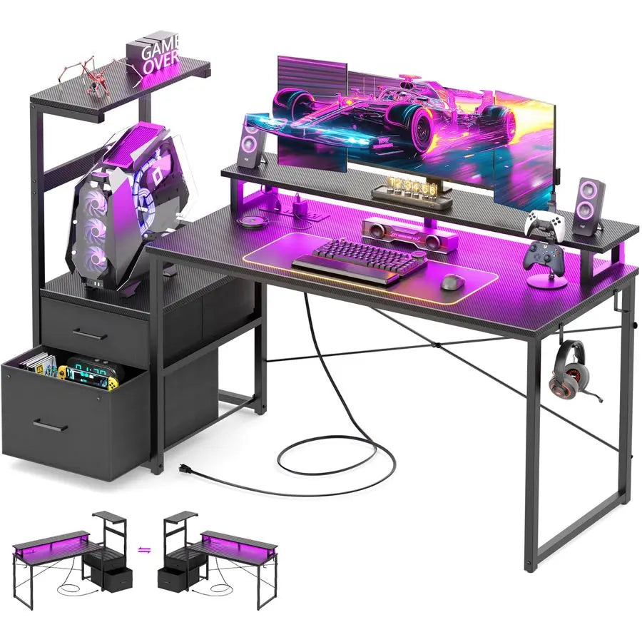 Gaming Desk with LED Strip amp Power Outlet, 59Inch Reversible Computer Desk with Monitor Stand amp Storage Shelves, Home Office
