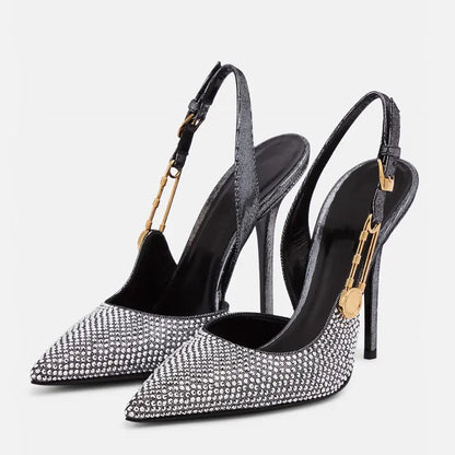 Women Shoes Luxury Rhinestones Sequined Buckle High Heels Elegant Pointed Toe Slingbacks Stiletto Shoes for Women Fashion Shoes