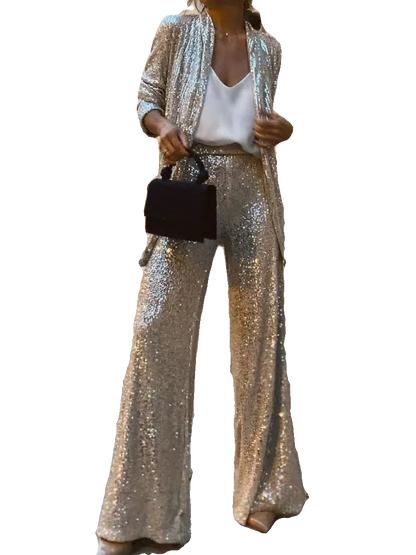 Women's Sequin Pants And Coat Set Versatile Faion Ensemble Pearl Embellied Outfit for Young Women Ages 8-25