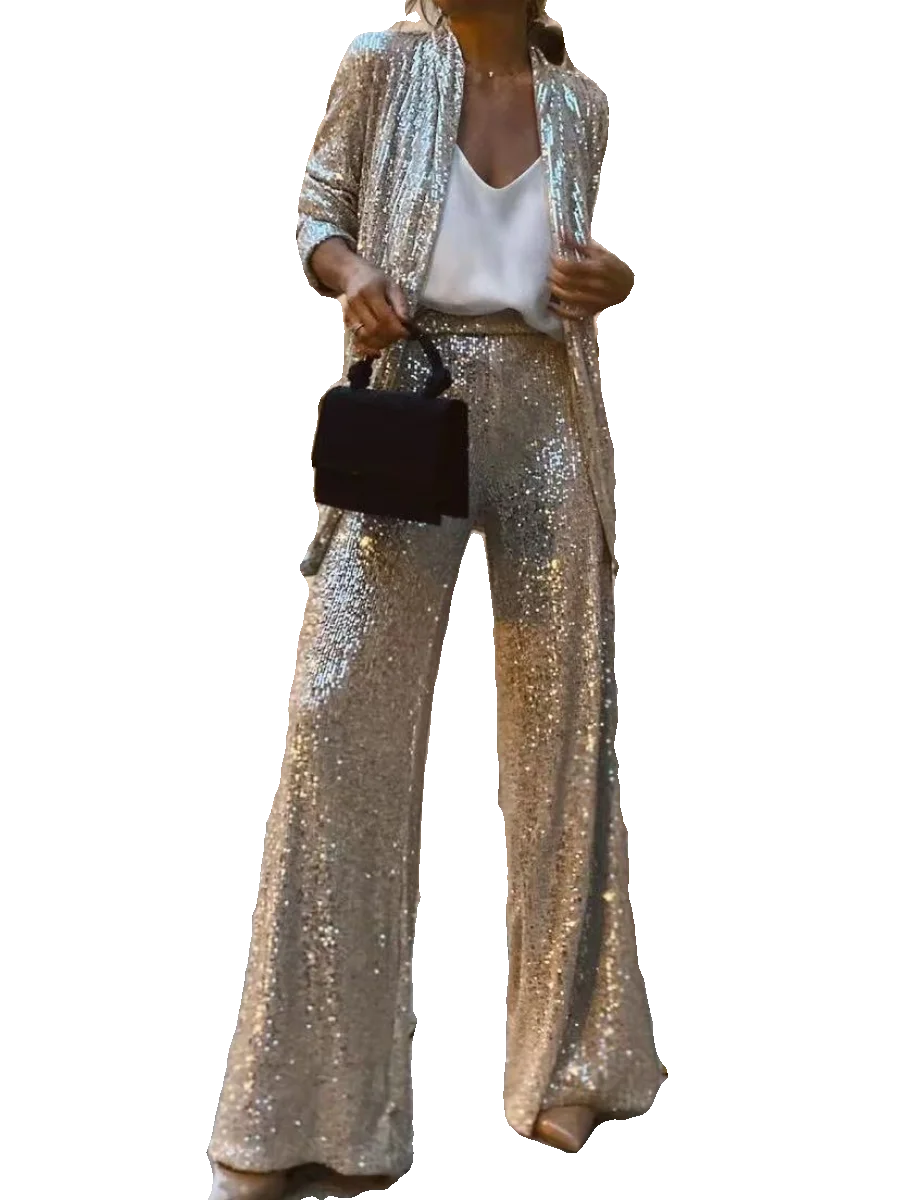 Women's Sequin Pants And Coat Set Versatile Faion Ensemble Pearl Embellied Outfit for Young Women Ages 8-25
