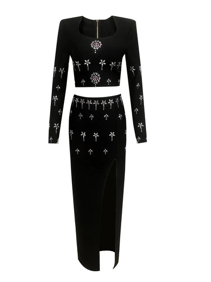 Elegant Two Piece Set Sexy Long Sleeves Diamonds Top + Long Split Bodycon Skirt Bandage Suits Runway Evening Party Dress Sets - Kimlud
