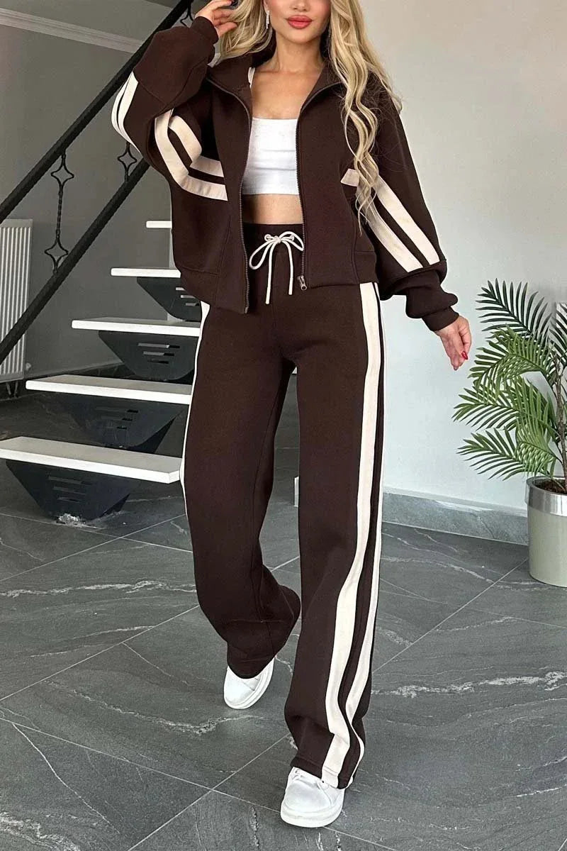 Autumn Winter Women's New Hoodie Suit Y2K Striped Zipper Loose Fit Jacket Outwear And High Waist Side-striped Pants Sports Sets - Kimlud