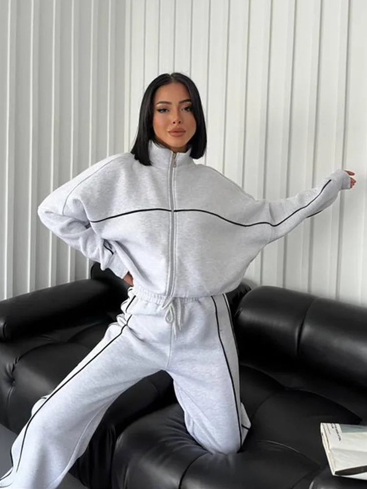 Zekye Women's Clothing Long-sleeved Semi-turtleneck Cardigan Sweater Strappy Striped Trousers Women's Suit Collection 2025 - Kimlud