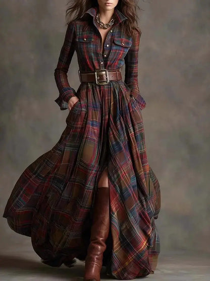 European American Women's Shirt Maxi Dress Autumn Casual Long Sleeve Button Pocket Plaid Print Lapel Retro Long Dress...
