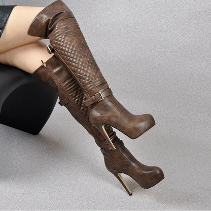 Onlymaker Women Over The Knee Boots Thin High Heel Lady Black Metal Chain Decoration Zipper Female Platform Boots