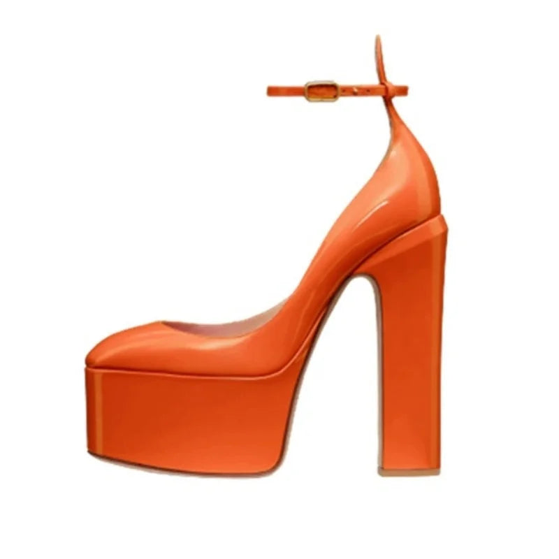 Europe And America Ultra High Heels Platform Women's Sandals Round Toe Crude Heel Female Pumps Patent Leather Lady Single Shoes - Kimlud