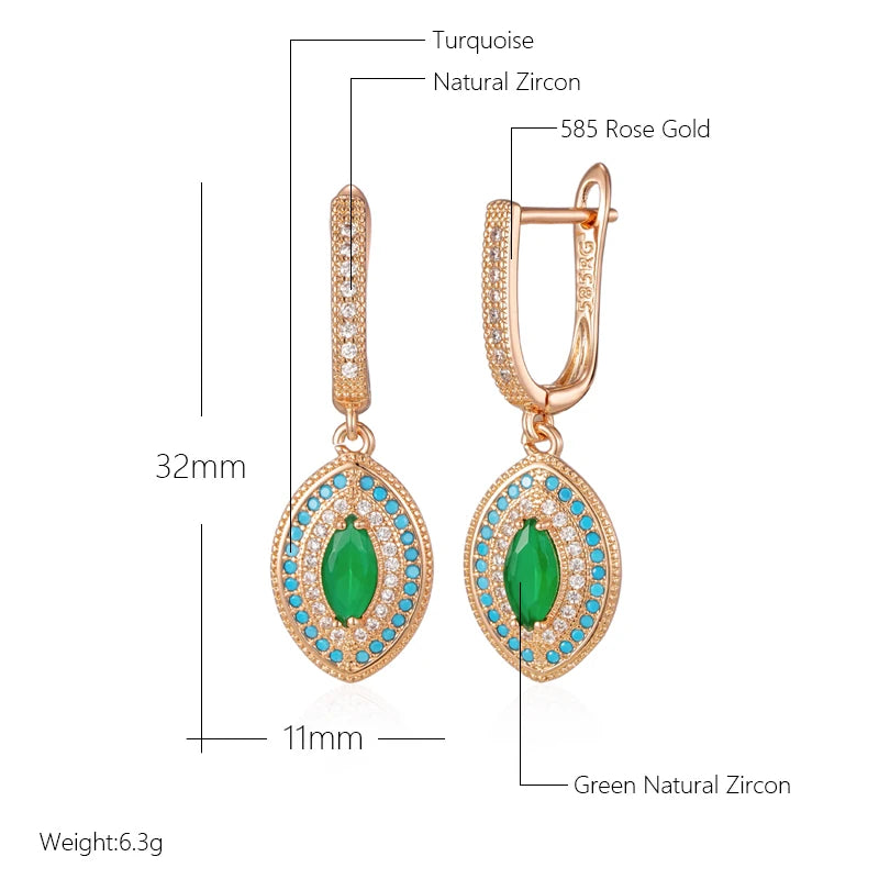 Kinel Hot 585 Rose Gold Color Long Drop Earrings for Women Fashion Green With Blue Natural Zircon Wedding Daily Vintage Jewelry