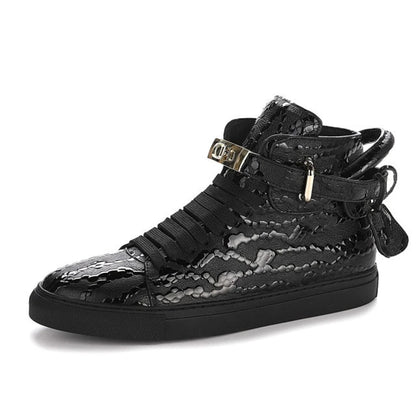 Luxury Designer Men Crocodile Pattern High Top Sneakers Glossy Patent Leather Gold Buckle Lace-up Casual Street Shoes Footwear