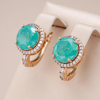 Kinel New Emerald Round Cut Zircon Drop Earrings for Women Luxury 585 Rose Gold Color Wedding Accessories Fine Daily Jewelry