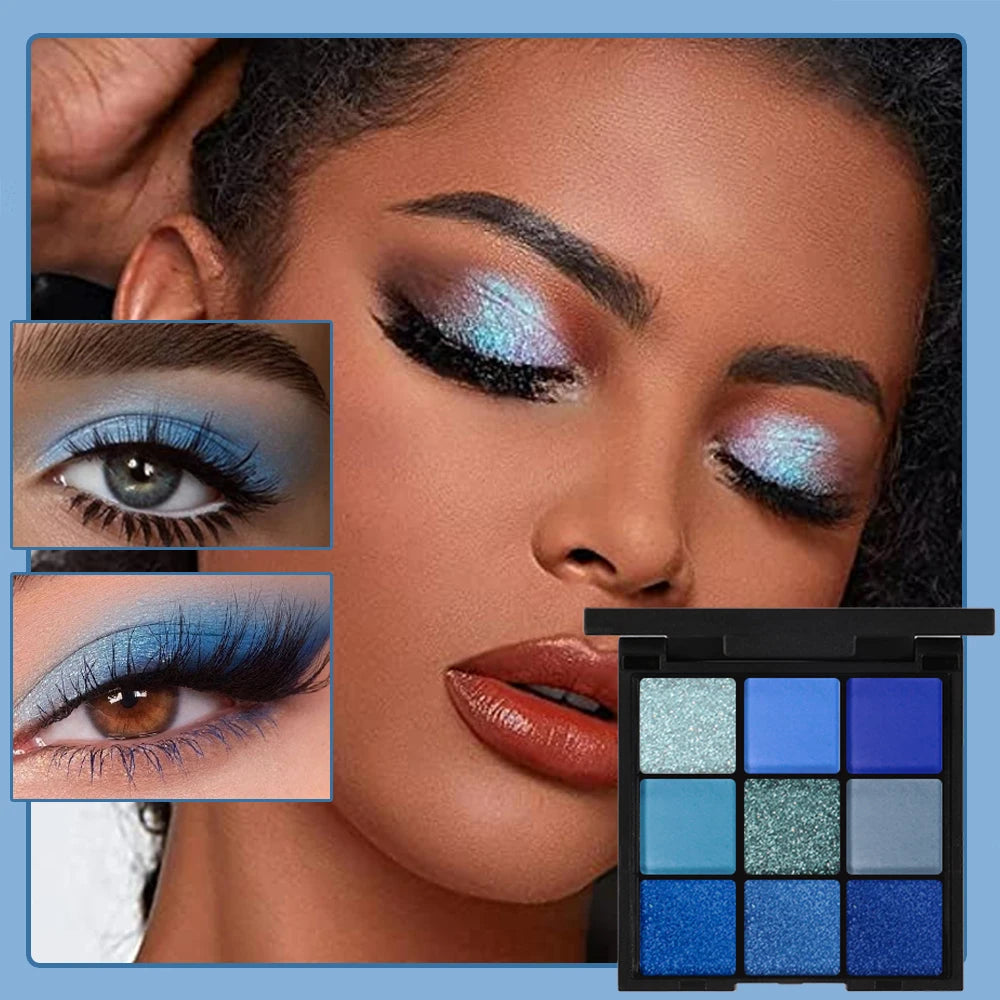 9 Color Eyeshadow Palette Blue Waterproof Sweatproof Blue Matte Pearl Glitter Finish Performance Stage Makeup Music Festival - Kimlud
