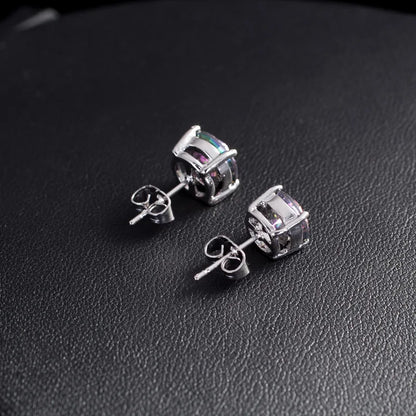 Rainbow Crystal Multicolor Zircon Earring 5/6/7/8mm Round Stone Stud Earrings For Women Trendy Silver Color Wedding...