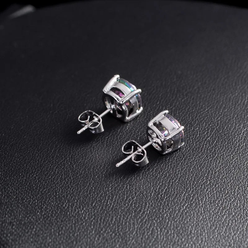 Rainbow Crystal Multicolor Zircon Earring 5/6/7/8mm Round Stone Stud Earrings For Women Trendy Silver Color Wedding...