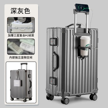 New Multifunction Suitcase with USB Charging Aluminum Frame +PC Suitcase Trip Cabin Male and Female Carrier 28/30-inch