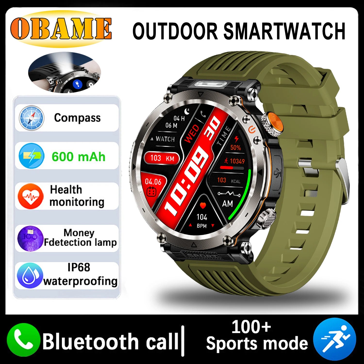 New 5ATM Outdoor Smart Watch Men 600mAh LED Flashlight SmartWatch Compass Bluetooth call Heart rate IP 68 Sports Smartwatch 2025