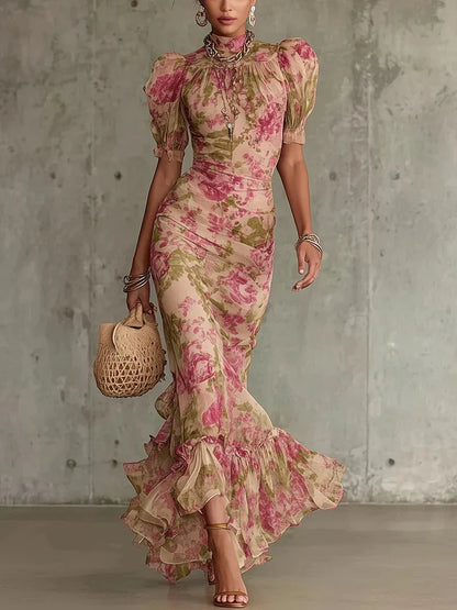 Sexy Bodycon Floral Long Dresses For Women Summer 2026 Fashion Short Sleeve O-neck Slim Maxi Dresses Elegant | Kimlud...