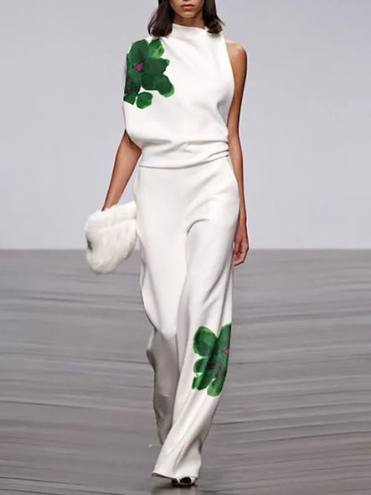 Yeezzi Women Floral Printed 2 Piece Sets High Neck One-shoulder Asymmetric Vest Tops & High Waisted Straight Leg Pants 2025 New - Kimlud