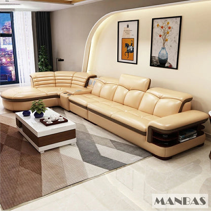 Luxury L-Shaped Genuine Leather Sectional Sofa Sets with USB, Bluetooth Speaker - Linlamlim Living Room Italian Leather Couches - Kimlud