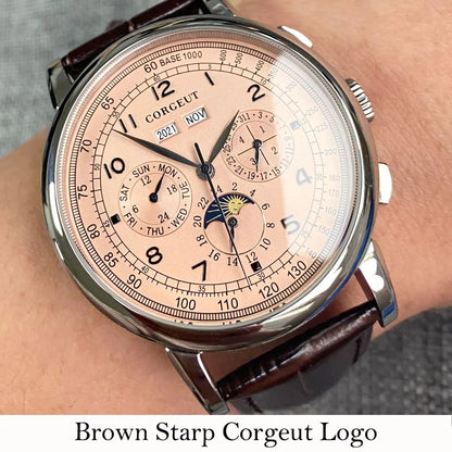 Corgeut Multi Functional Watch Automatic Mechanical Watch for Men 42mm Day Date Month Year Day/Night ST1655 Movt Polished Case