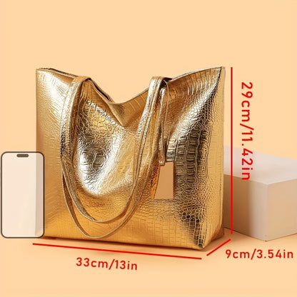 Vintage Women's Tote Bag, Large Capacity Handbag Shoulder Bag with Zipper Closure, Metallic Finish Handbags for Work, Parties