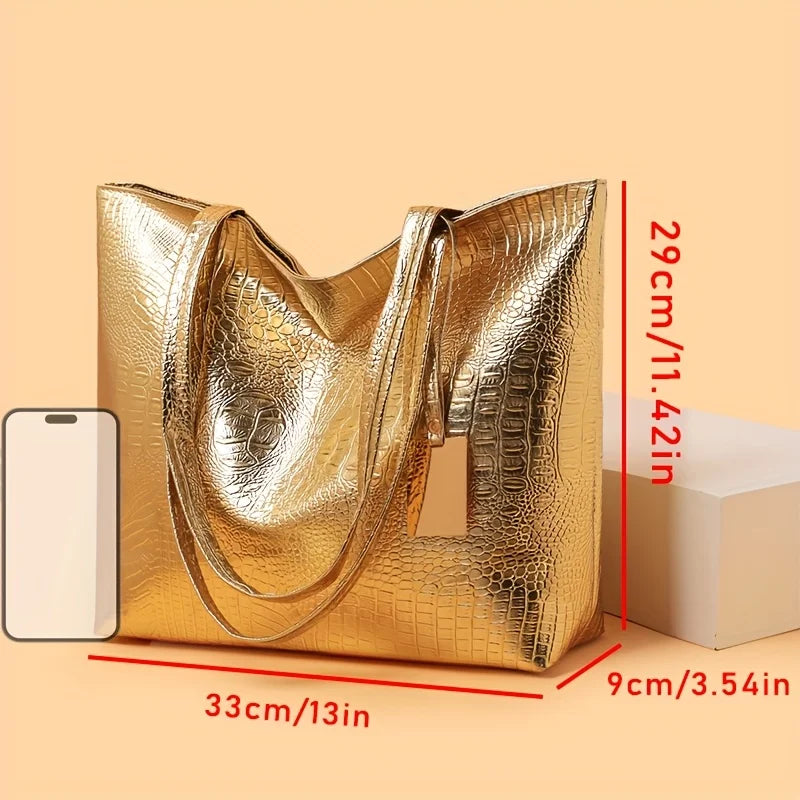 Vintage Women's Tote Bag, Large Capacity Handbag Shoulder Bag with Zipper Closure, Metallic Finish Handbags for Work, Parties