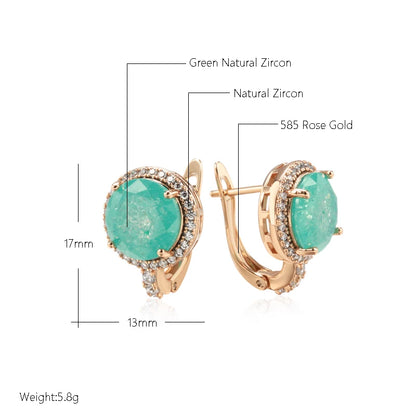 Kinel New Emerald Round Cut Zircon Drop Earrings for Women Luxury 585 Rose Gold Color Wedding Accessories Fine Daily Jewelry