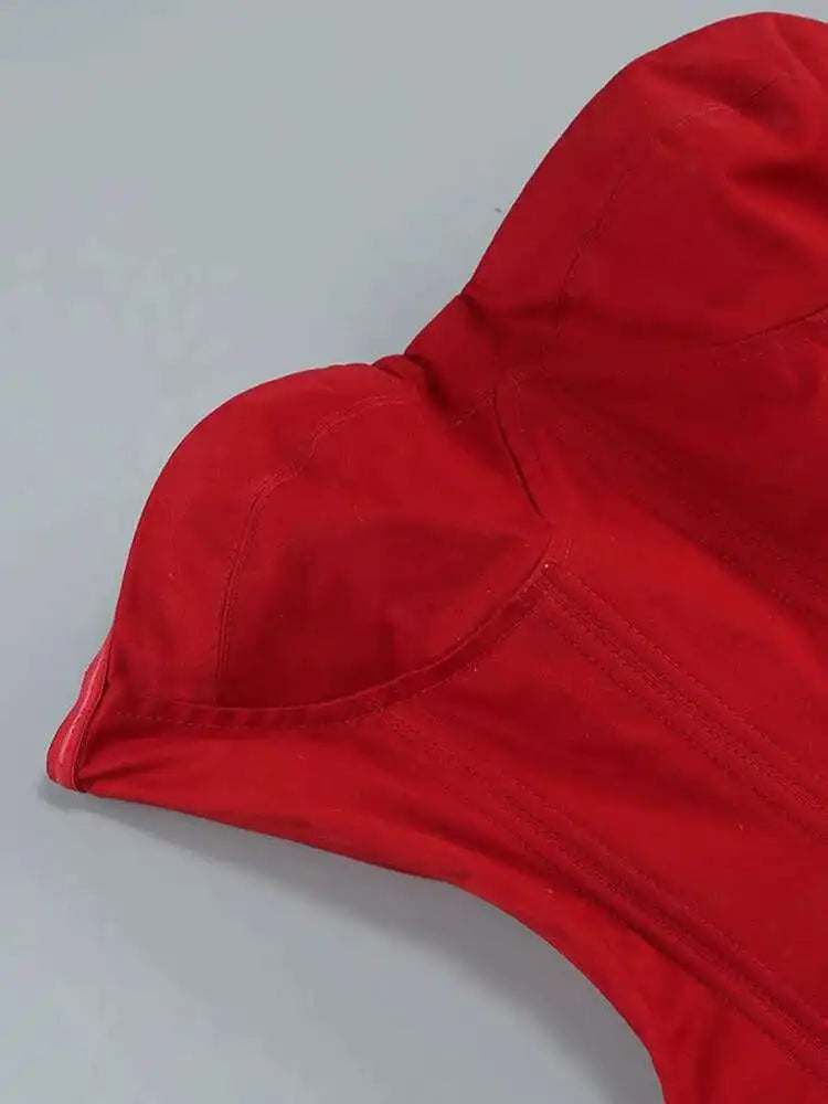 Red Solid Spliced Appliques Slim Backless Short Dresses For Women Strapless Sleevelss Patchwork Lace Up Dress Female Sexy LSW7