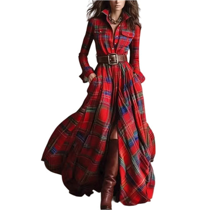 Retro Plaid Long Dresses Ladies Fashion Irregular Hem Slit Spring Autumn Long Sleeve Dress Western Style Buttons Shirt Dress New