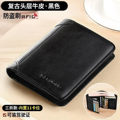 Men Wallet Genuine Leather Rfid Blocking Trifold Wallet Vintage Thin Short Multi Function ID Credit Card Holder Male Purse Money
