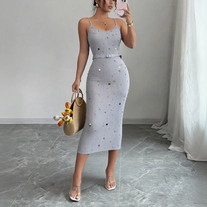 Women's Beige Spaghetti Strap Square Neck Gold Dot Embellished Belted Stretchy Knit Bodycon Maxi Dress Elegant Party Long Dress - Kimlud