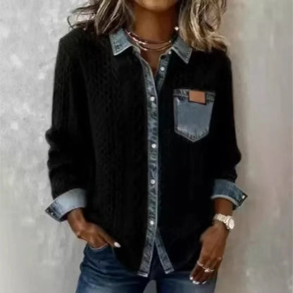 Women knit Denim Shirt Coat Overshirt Vintage Blouse Single Breasted Turn Down Collar Pockets Washed 2025 Office Lady Top Jacket - Kimlud