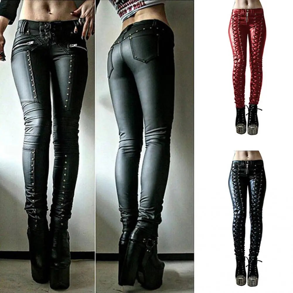 Button Skinny Women Faux Leather Pants Trousers Steampunk Cosplay Carnival Party Trousers