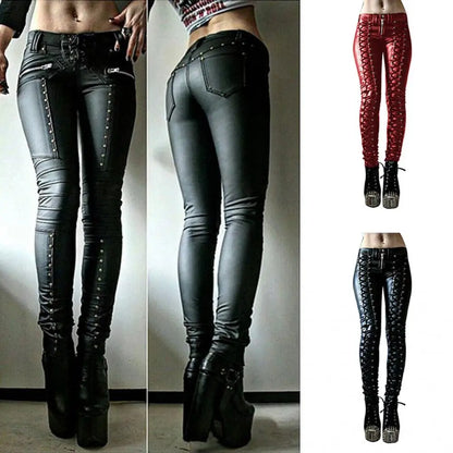 Button Skinny Women Faux Leather Pants Trousers Steampunk Cosplay Carnival Party Trousers