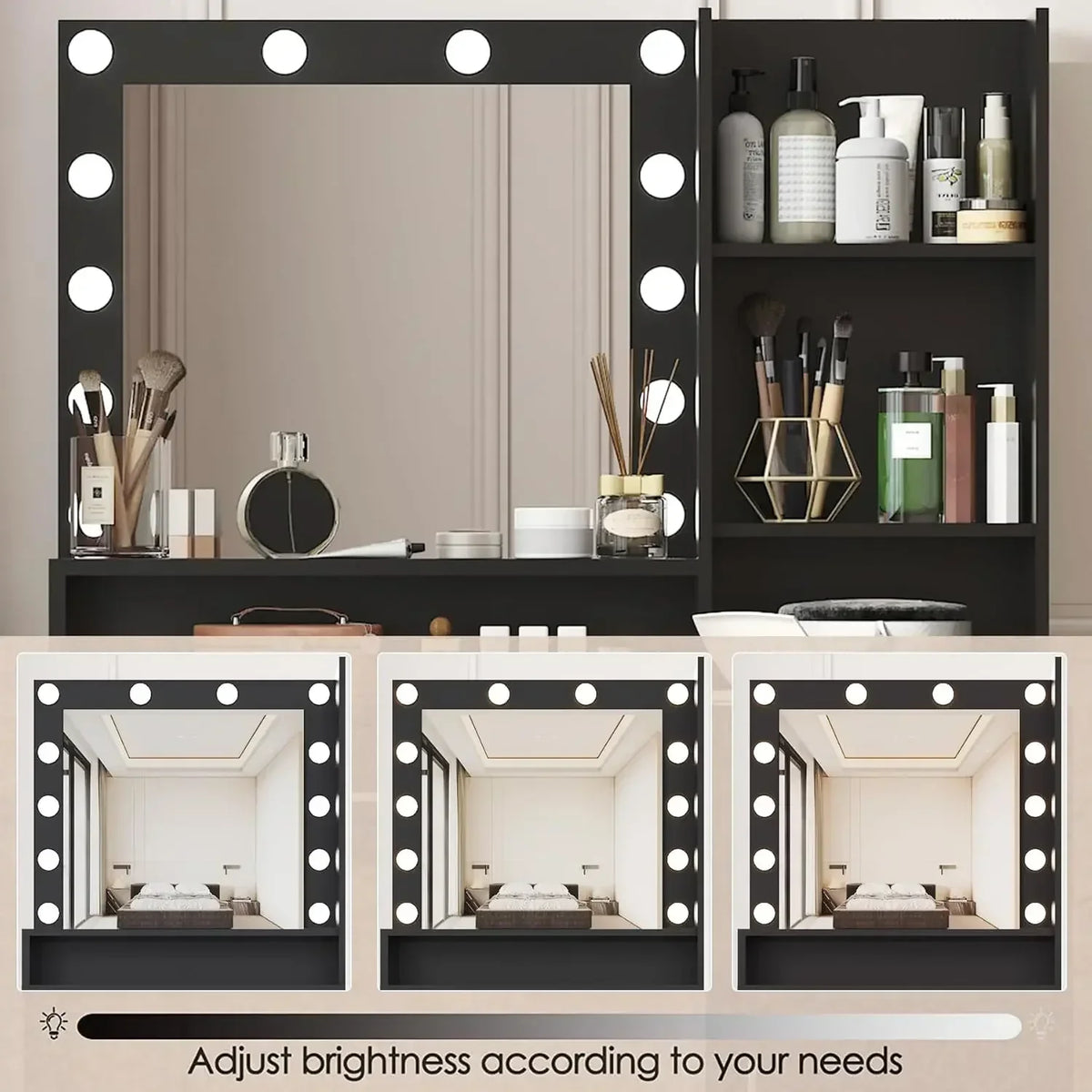 Vanity Desk with Mirror & Light, Large Drawer & Three Level Storage Dresser, Bedroom Dressing Table (Black with Stool)
