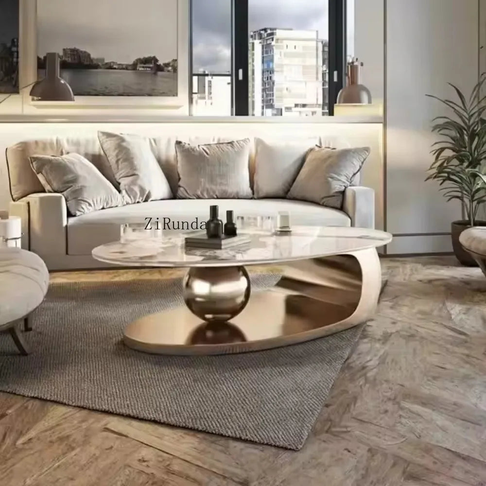 Gold oval coffee table set, sintered stone and marble living room furniture coffee table - Kimlud