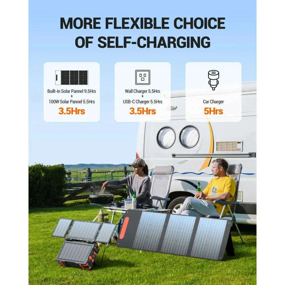 Portable Power Station with Hidden Folding Solar Panel, Self-charge & Pass-through Charging, 284Wh Battery Backup, AC 300W