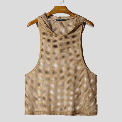 INCERUN Men Tank Tops Mesh Hollow Out Sexy See Through Hooded Sleeveless Male Vests Solid Streetwear Fashion Men Clothing S-3XL - Kimlud
