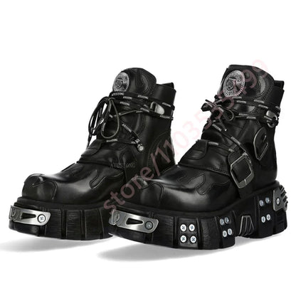 2025 Black Metal Studded Ankle Boots Punk Rock Party Motorcycle Style Lace-Up Casual Sporty Round Buckle Street Fashion