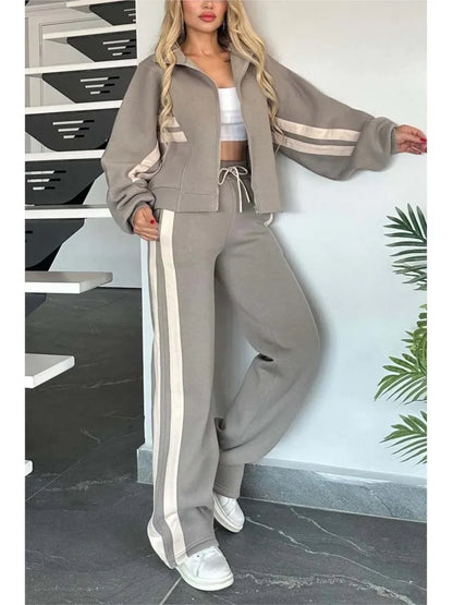Autumn Winter Women's New Hoodie Suit Y2K Striped Zipper Loose Fit Jacket Outwear And High Waist Side-striped Pants Sports Sets - Kimlud
