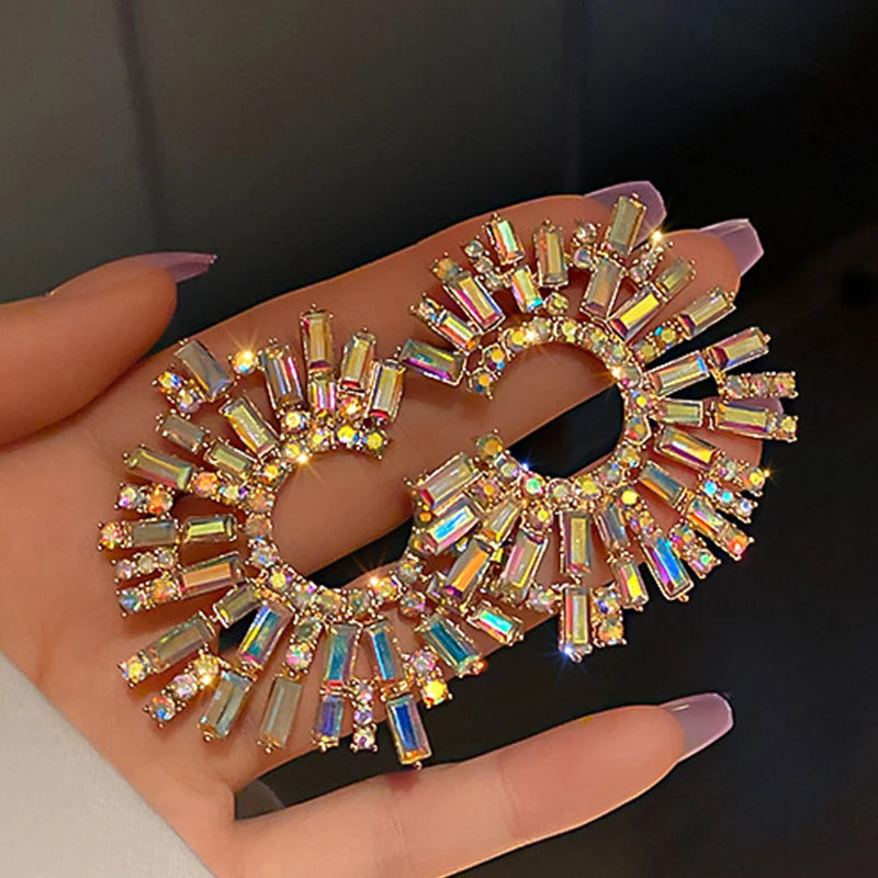 Luxury Exaggerated Crystal Earrings Large Circle Flower Shiny Rhinestone Stud Earrings for Women 2023 Trendy Fashion...