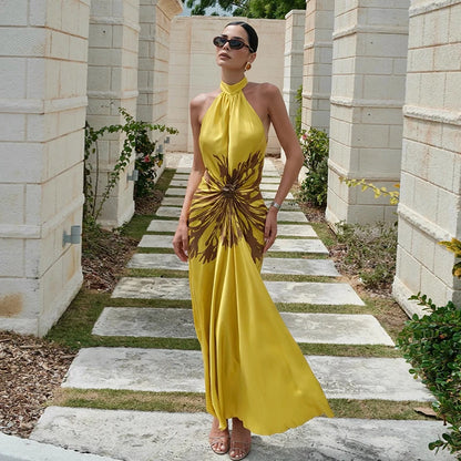 2026 Summer Sexy Print Long Women Dress Fashion Backless Sleeveless Halter Pleated Female Dresses Beach Vacation Lady...
