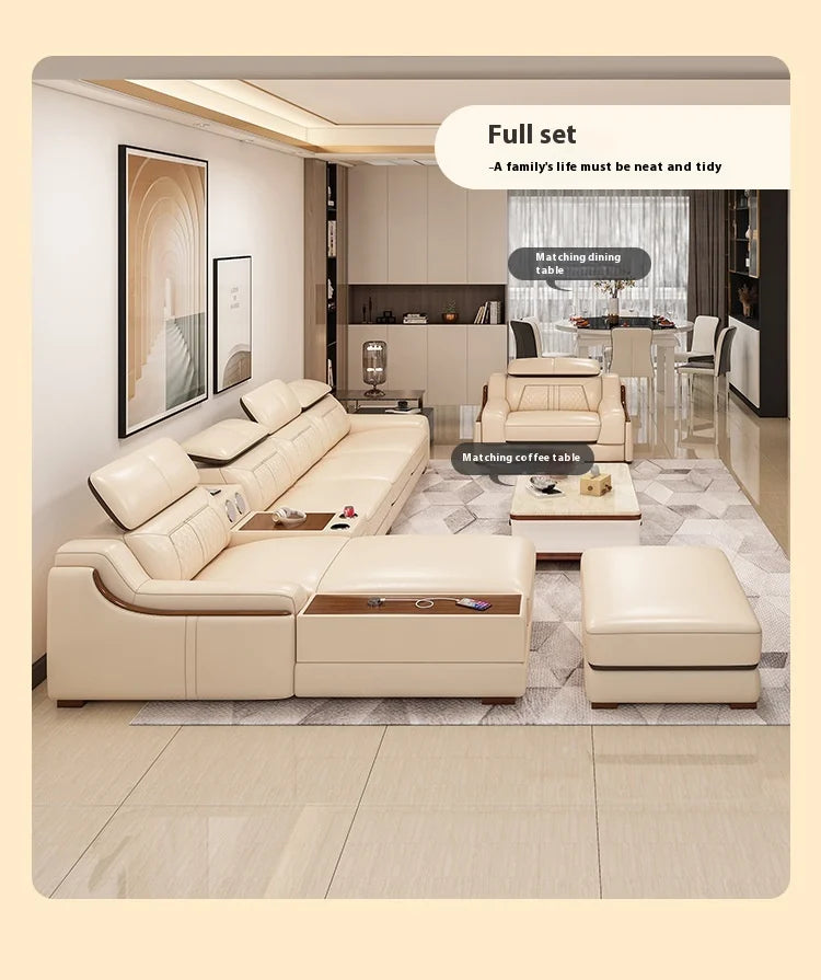 Stylish Italian Genuine Leather Sofa for Living Room with Cup Holder, USB, Adjustable Headrests & Bluetooth Speaker -...