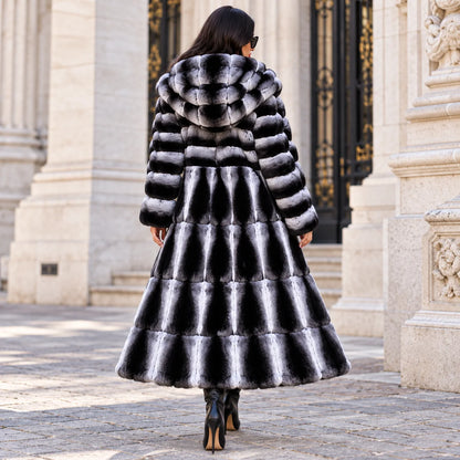 Women's Luxury Long Fur Coat Hooded Black Grey Gradient Winter Warm Thick Plush Jacket Elegant Fashion Outerwear