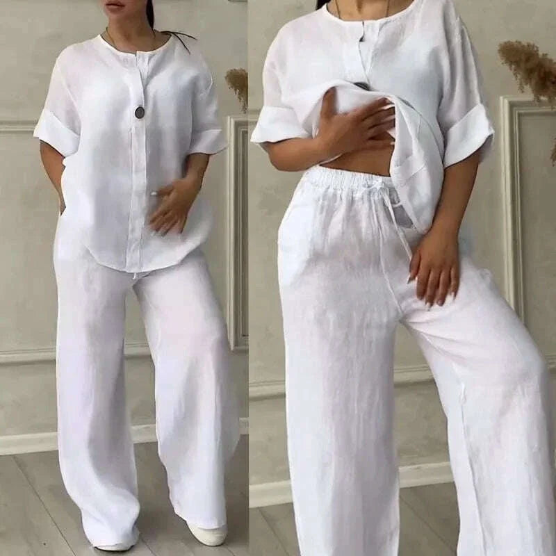 Casual Solid Color Pullover Long Pants 2-piece Set Women's Cotton and Linen Pants Suit White Pink