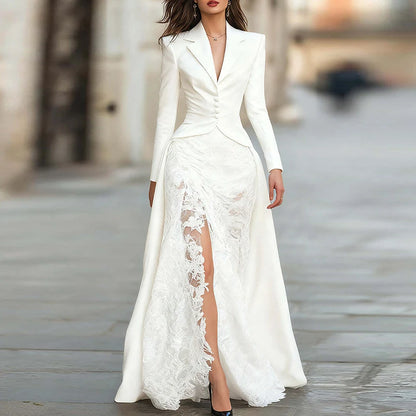 Lace Patchwork Irregular Split Robe Dress Casual High Waist Solid Color Maxi Dress Fashion Autumn Lapel Long Sleeved Party Dress