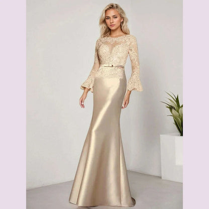 Elegant Sheath Wedding Guest Dress Scoop Neck Long Sleeve Satin Lace Beading Applique Sweep Train Prom Gown 2025 Free Customized