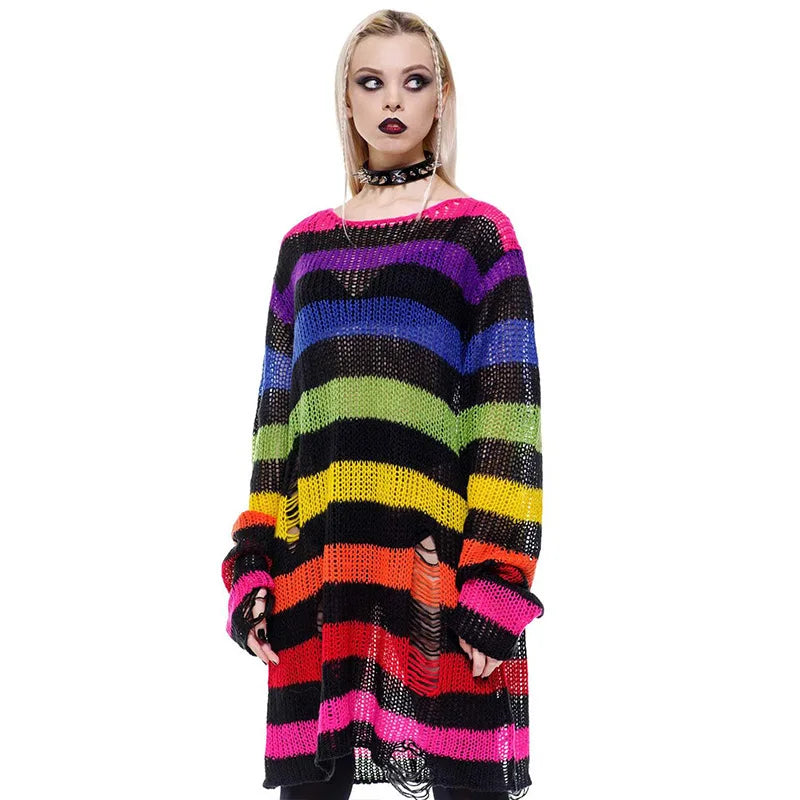 Fashion O-neck Long-sleeved Sweater For Women Autumn High Street Ripped Rainbow Gradient Stripes Mid-length Loose Sweater Female - Kimlud