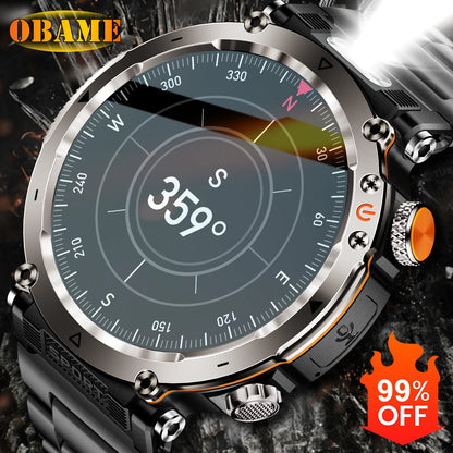 New 5ATM Outdoor Smart Watch Men 600mAh LED Flashlight SmartWatch Compass Bluetooth call Heart rate IP 68 Sports Smartwatch 2025