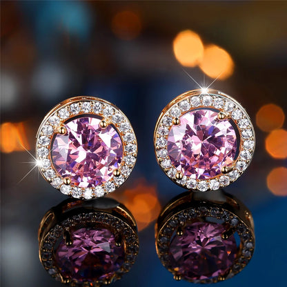 Cute Female Multicolor Pink Black Zircon Round Stone Stud Earrings Gold Color Wedding Jewelry For Women | Kimlud Mid...