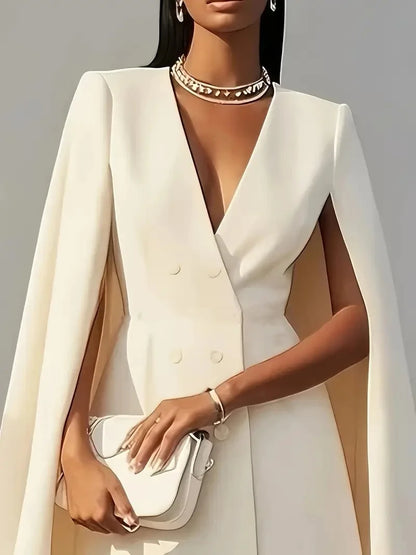 Women's Double Breasted Shawl Cape Suit Dress - Solid Color V-Neck Mini Dress with Open Back Sleeves | Kimlud Office...